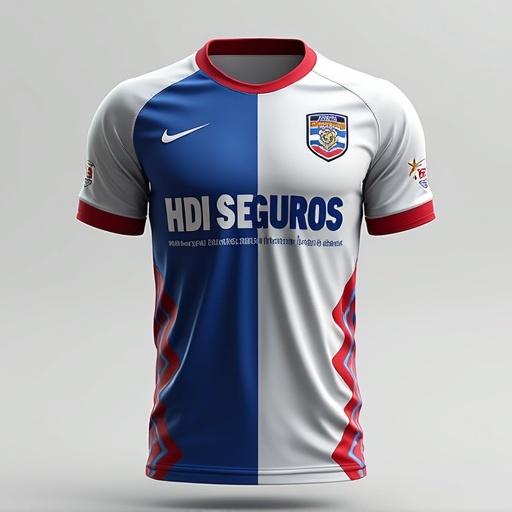 Men's soccer uniform featuring HDI Seguros logo. Primary colors: white, green, red. Secondary color: red.