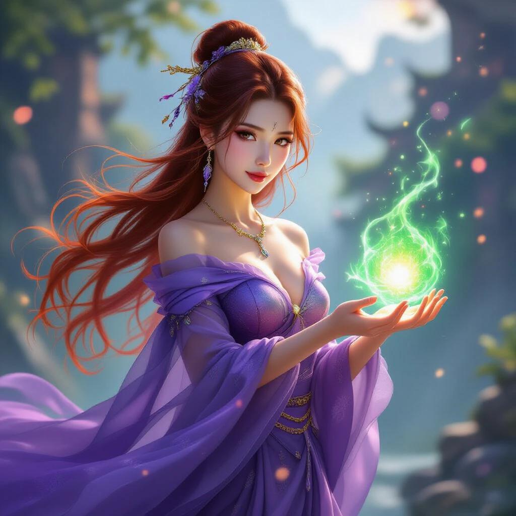 Ethereal Asian princess with fiery hair and green magical aura. She wears a flowing purple dress. The scene displays beautiful scenery with bokeh effects and a windy atmosphere.