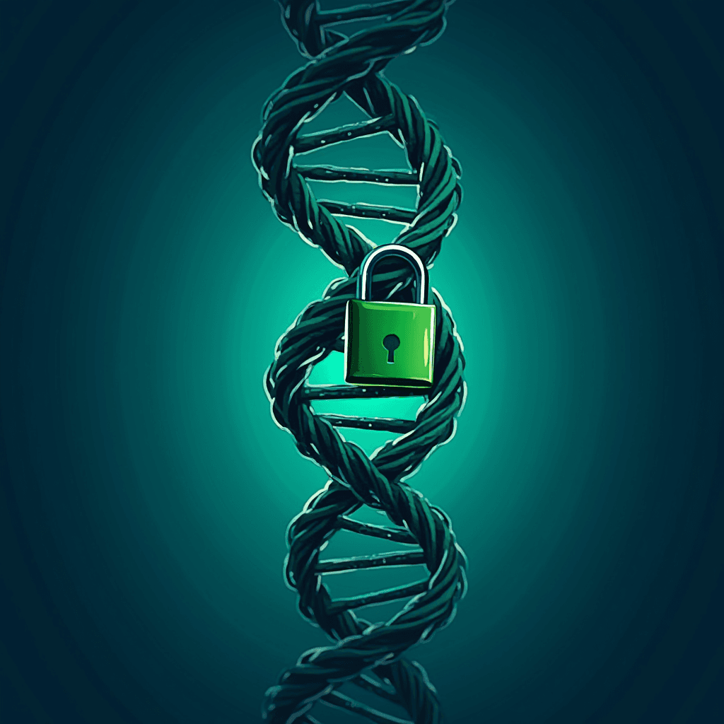 A DNA double helix intertwined with a green padlock, symbolizing genetic security.