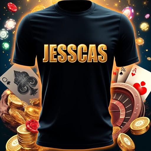 Design a luxury casino-themed graphic for a T-shirt print without showing the shirt. Include the name JESSCAS in bold embossed gold. Use photo-realistic gambling elements like poker chips, playing cards, a roulette wheel, and a slot machine. The background should be transparent to focus on the elements. Maintain high detail with sharp edges and bright colors.