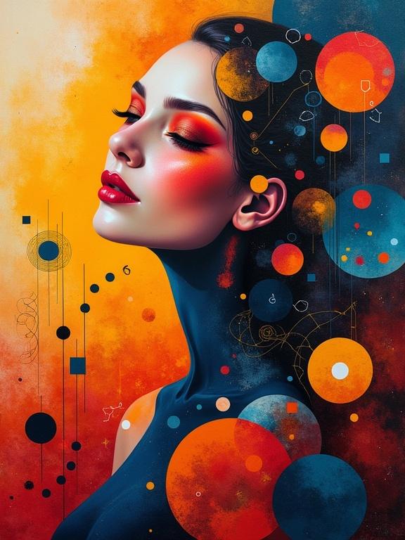 Abstract representation of euphoria using geometric shapes. Circles and squares blend with foggy textures. Female silhouette with hot curves in a background of vivid colors. Influenced by Wassily Kandinsky's style.