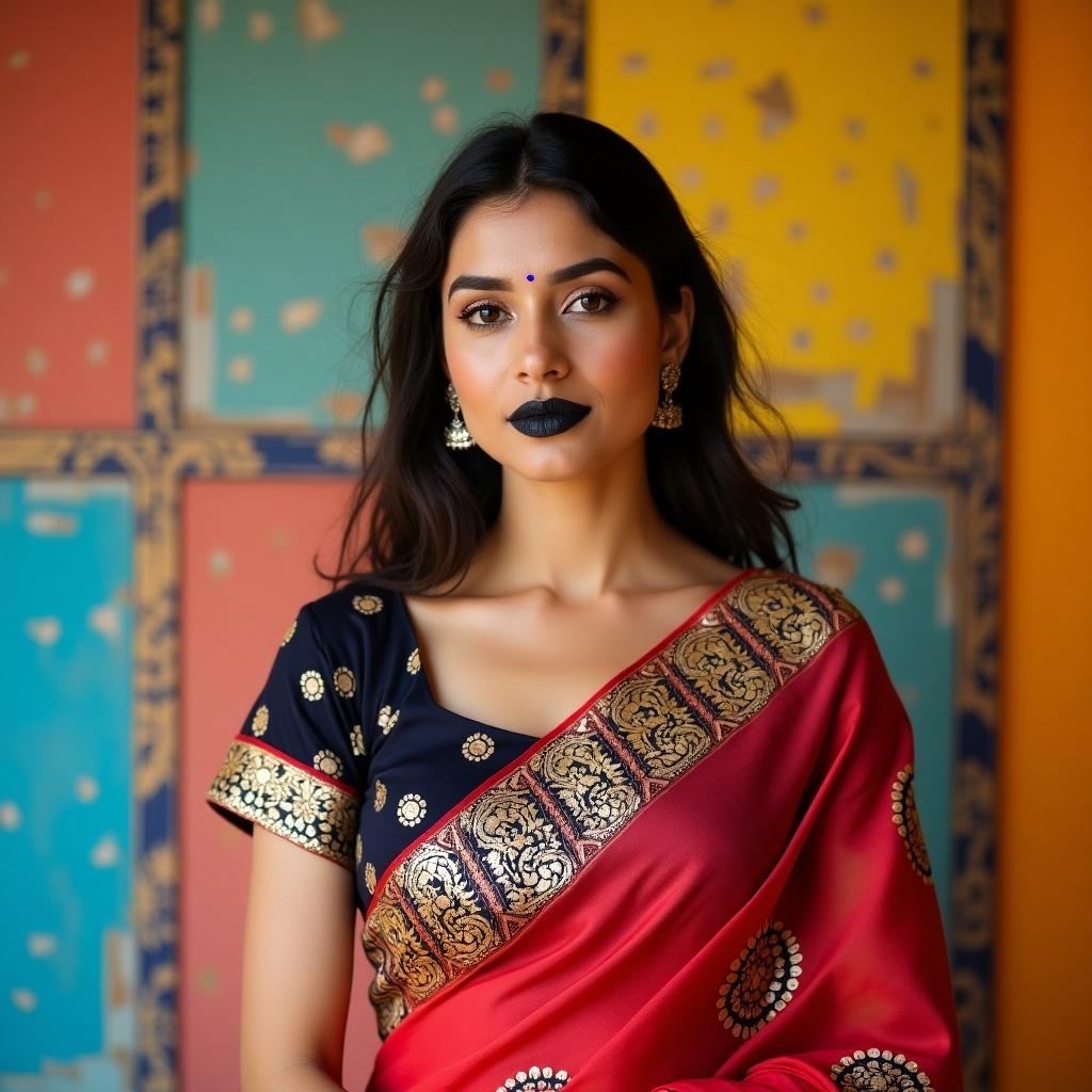 The image features a woman adorned in a vibrant red saree decorated with intricate golden floral patterns. Her bold black lipstick adds a striking contrast against her glowing complexion. She wears statement earrings that complement her outfit perfectly, showcasing her elegant style. The backdrop consists of warm orange fabric, further enhancing the richness of her attire. This portrait captures the essence of traditional Indian beauty with a modern twist, ideal for fashion or cultural contexts.