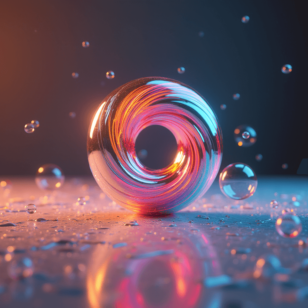 A glass-like ring with swirling colors is surrounded by floating bubbles in a vibrant setting.