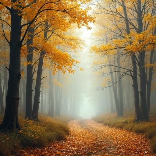 Photorealistic depiction of an autumn forest scene. Winding path covered in yellow and orange leaves. Fog envelops the trees. Bright natural lighting highlights the tranquility. Evokes solitude and reflections of historical changes.