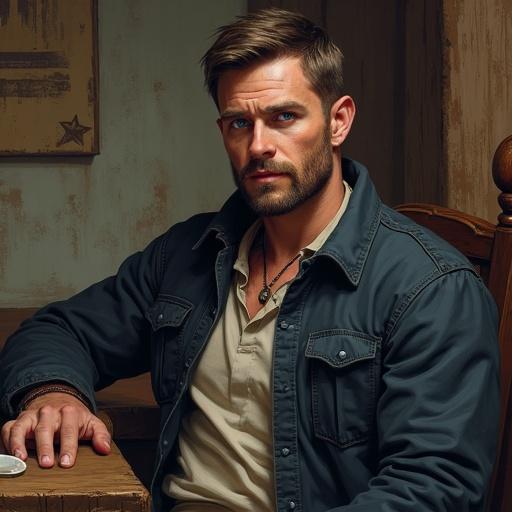 Painterly portrait featuring a rugged half-elf man with short hair and a beard. Vivid blue eyes highlight Greek-inspired features. Seated in a rustic tavern chair next to an aged wooden table. Dressed in a dark field jacket over a neutral shirt. Background gives a gritty noir fantasy feel with natural lighting and colors.