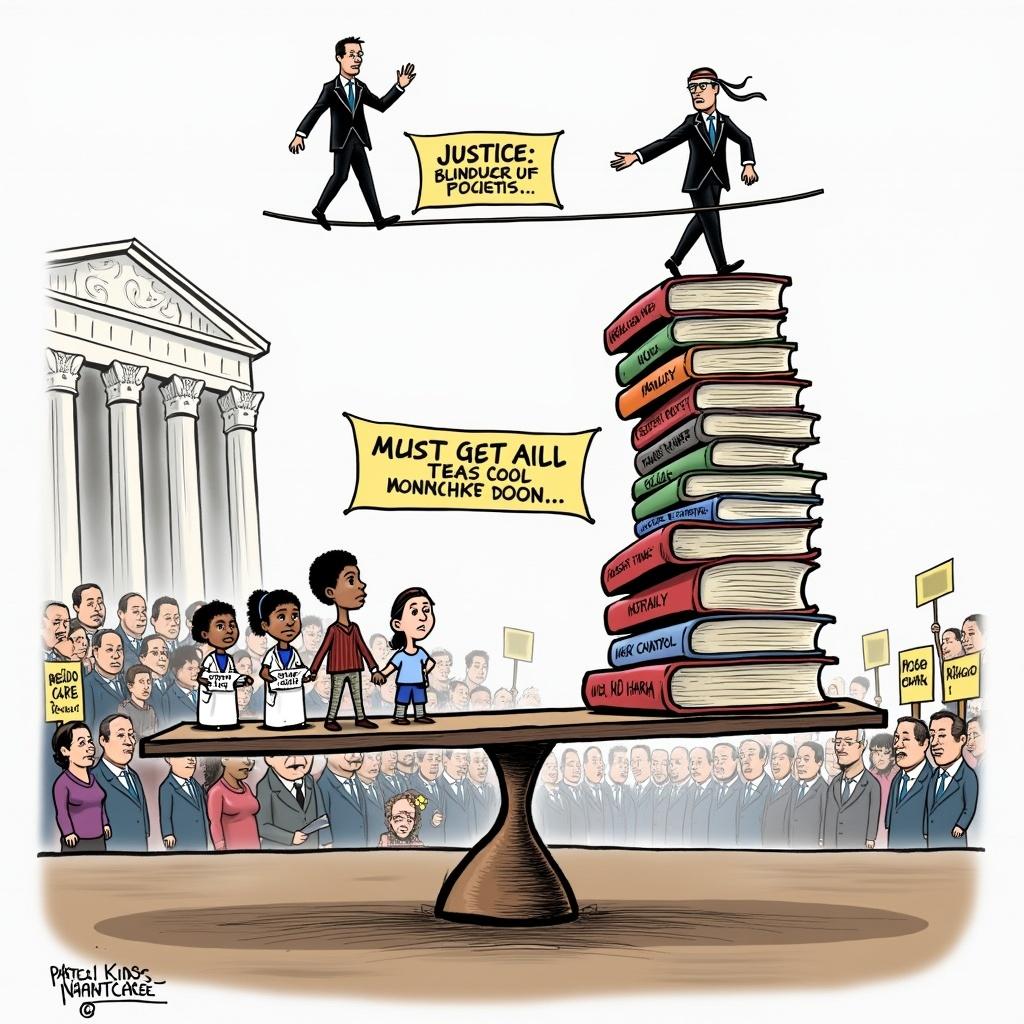 Cartoon depicts U.S. Supreme Court as a balancing scale. On one side, diverse children with medical documents and supportive adults. On the other side, oversized legal books. Justices surrounding the scale with varied expressions. Protesters in background holding opposing signs. Tone reflects tension and complexity of court decisions.