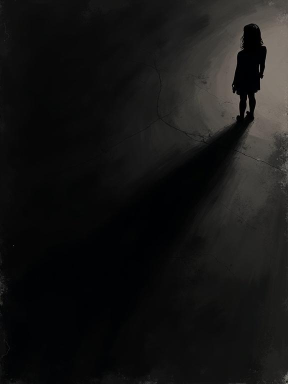 Dark abstract illustration of woman's silhouette. She stands in top right of frame. Faces dark black shadow stretching. Shadow fills entire image. Black background with rough brush strokes and incomplete illustration. Extreme top down perspective from overhead point of view.