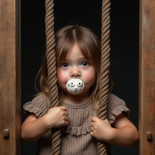 Child joyfully locked in medieval stocks. Brown wooden stocks surrounded by playful environment. Oversized pacifier in mouth. Child's hands holding ropes. Emphasis on childhood playfulness.