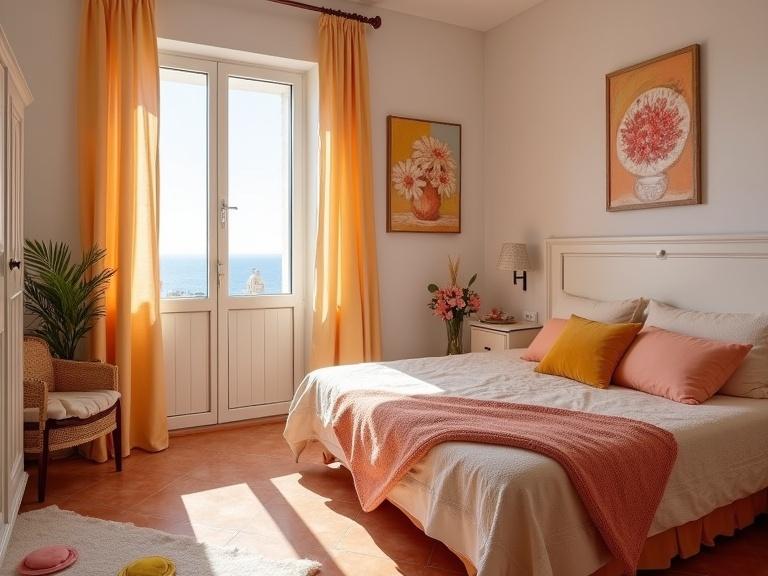 Stylish room in B&B 'MaRe'. Colorful decorative items like pillows and art. Warm lighting with a cozy feeling. Soft fabrics and textures. Bright colors in harmony. Seaside view and inviting ambiance.