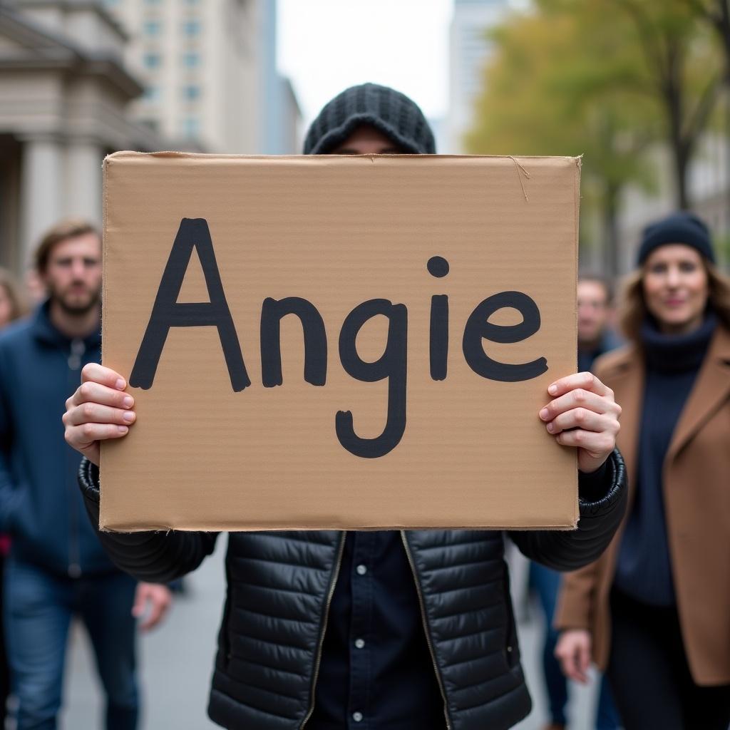 Person holding a handwritten sign with the name Angie. Group of people in the background, street setting.