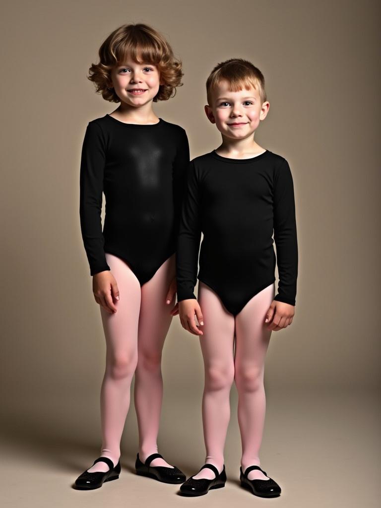 Two children pose wearing black long sleeve leotards light pink tights and black heels. The background is neutral and focused on the children. The lighting enhances the details of the costumes.