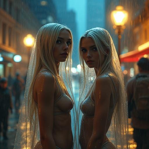 Two elfin girls face the camera in a steampunk city. They have silver blonde hair and wear clear plastic raincoats. The night scene is rainy with gas lamps lighting the background. The detail is intricate and the colors are vivid.