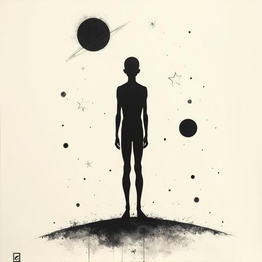 A tall, thin bald human silhouette in black fill color stands in space. Surrounding are planets and stars in a minimalist style. The sketch features delicate ink lines on textured paper, evoking a serene mood and inspired by traditional Asian brushwork.