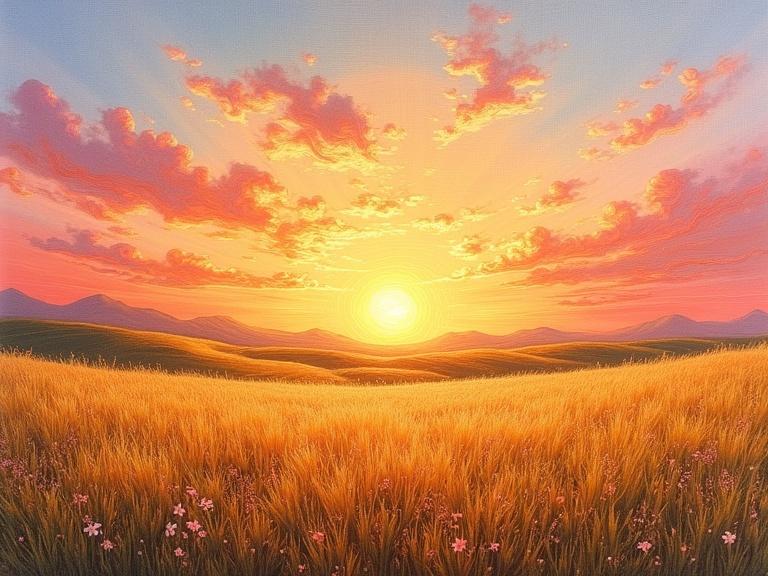 Vibrant sunset landscape with soft pastel skies. Flowing embroidery threads create depth and textures. Fields and gentle hills bathe in golden light. Warm, peaceful atmosphere evokes calmness and nostalgia. Impressionist style captures shimmering light. Thread simulates brushstrokes with soft textures.