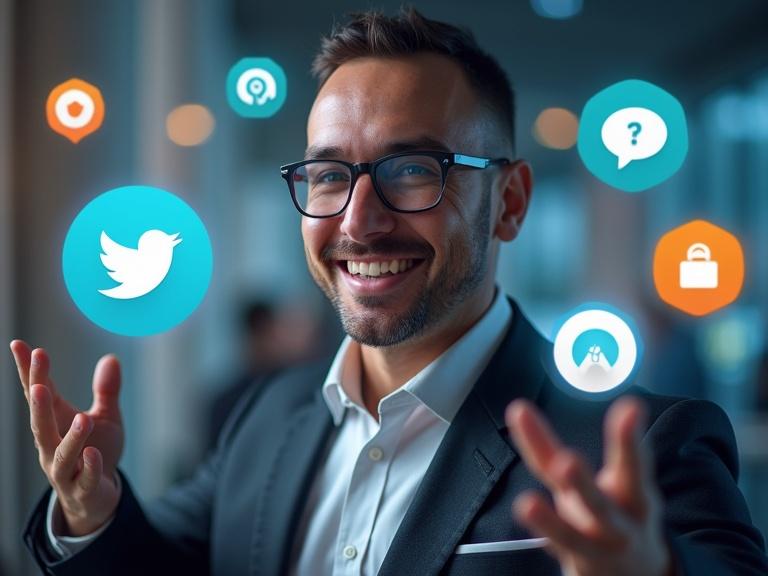 A professional marketer stands with hands outstretched. Floating around are several AI logos representing tools such as Jasper, Canva and ChatGPT. The background is a blurred office setting.