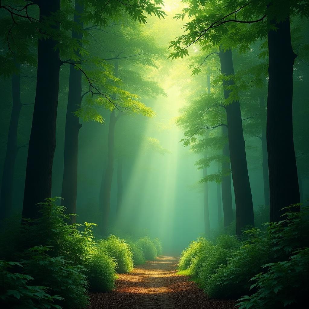 A mystical forest background with a narrow path. Sunlight beams through the canopy of trees. The lush greenery creates a tranquil atmosphere. The scene evokes peace and healing. Ideal for incorporating Ayurvedic themes.