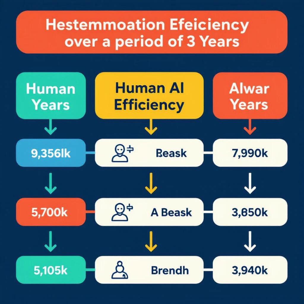 Diagram showing efficiency metrics for Human and AI over three years. Features a colored table with years and efficiency scores. Includes arrows and design elements for clarity.