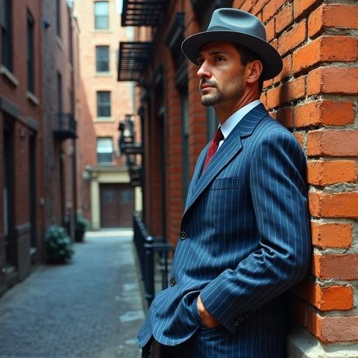 A man in a blue pinstripe suit, wearing a fedora, leans against a brick wall in a shady back alley.