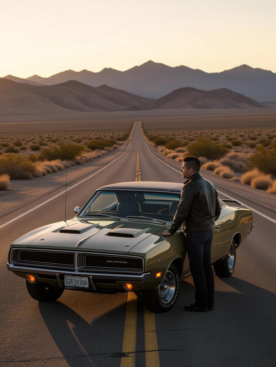 Cinematic scene at sunset on a deserted road in Nevada. Soft golden lighting from the sunset reflects on warm asphalt. A classic 70s car is parked on the shoulder with the driver's door open. A man in a leather jacket stands next to the car, looking towards the horizon with a contemplative expression. Rocky mountains in the background covered by fog and dense clouds create a melancholic and dramatic atmosphere. Visual style similar to films by Denis Villeneuve or Roger Deakins. Anamorphic lenses, shallow depth of field, symmetrical composition. Warm colors and soft contrasts, light grain of analog film, widescreen aspect ratio 2.39:1.