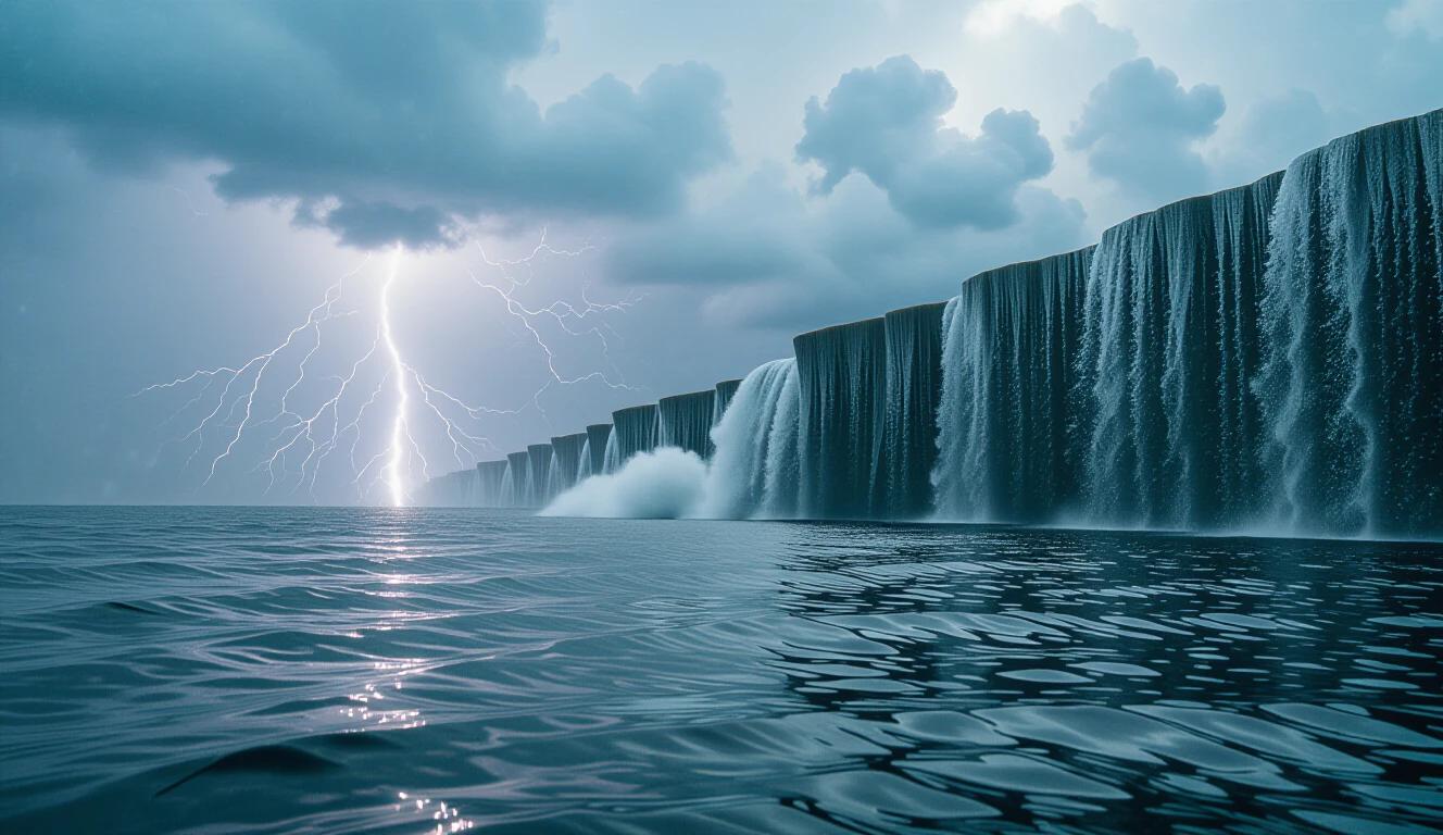 Water collapsing inward like a fold. Heavy clouds cover the sky. Lightning reflects on the water wall. Image captured in slow-motion style. Vertical view of the scene.