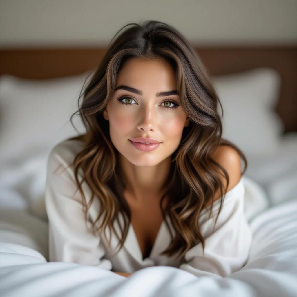 Brunette woman lying on bed in pajamas with relaxed gaze. Close-up captures her features and relaxed demeanor. Almond-shaped eyes and defined chin visible. Light-colored pajamas create a serene atmosphere.