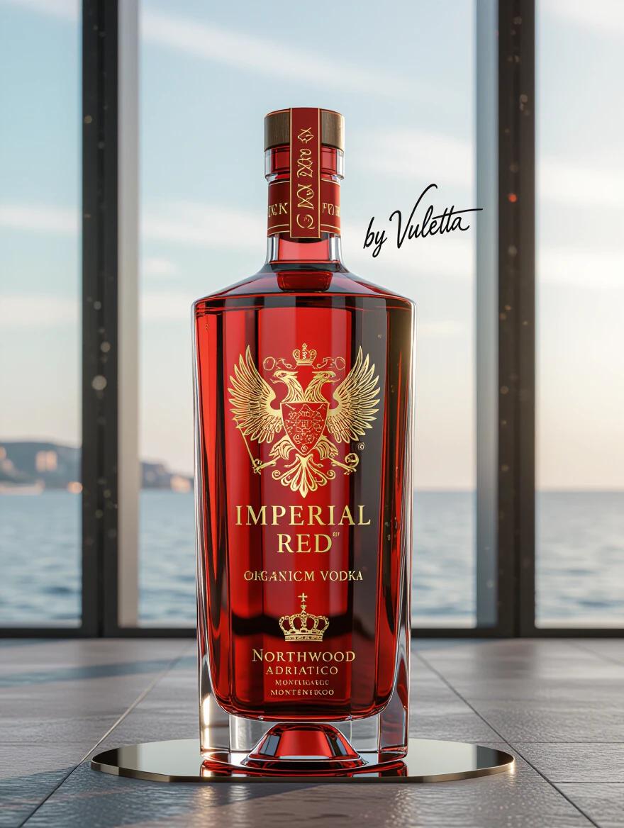 Hyper-realistic studio-quality product shot of ultra-premium vodka bottle named Imperial Red. Stylish red bottle with luxurious golden embossed details. Features double-headed eagle and fine gold typography. Contains Organic Vodka and Northwood Adriatico Montenegro. Deep crimson glass with semi-matte finish. Minimalist golden crown emblem and elegant gold typography. Covered in fine condensation. Urban contemporary setting with Adriatic sea colors in background. Studio lighting highlighting golden details and crystal-clear spirit. Ultra-realistic macro photo capturing sophisticated luxury.