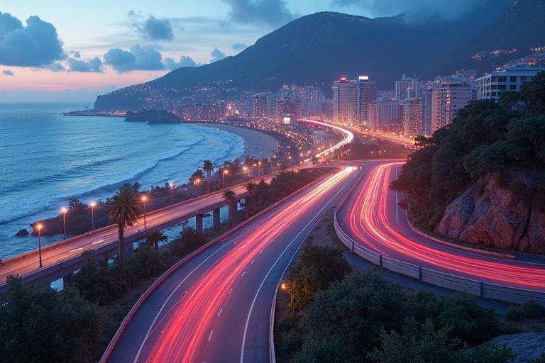 Visual representation of captivating driving experiences featuring a coastal highway and city lights. Tight street corners blend with straightaways offering ocean views. Unique city landmarks and dramatic elevations highlighted. Perfect for cinematic visuals.