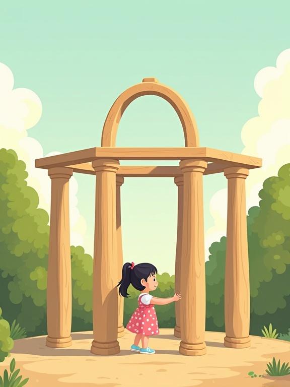 2D flat-style digital illustration for a children's book cover. Large wooden house frame made of wooden pillars topped with a dome roof. A girl named Leila stands beside it. She has short black ponytail hair and a pink dress with white polka dots. Leila is helping build the house, holding a wooden column. Background has green trees and light clouds. Clear empty space at the top for the story title. Art style is flat with soft lines and warm colors.