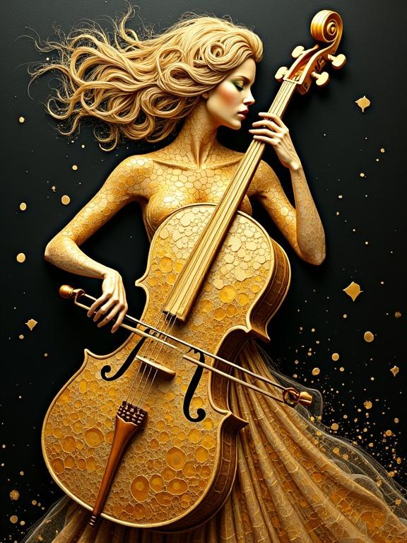A surreal golden figure of a woman plays an ornate cello. Body made of intricate swirling patterns resembling molten gold and delicate filigree. Hair flows with golden curls. Skin shimmers and fragments into glowing particles. Cello is glass-like with gold inlay, reflecting ambient light.
