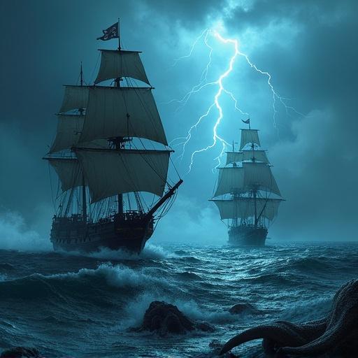 Generate an image depicting a battle between two pirate ships on a stormy day with smoke from cannons and lightning illuminating the sea showing the kraken tentacles beneath.