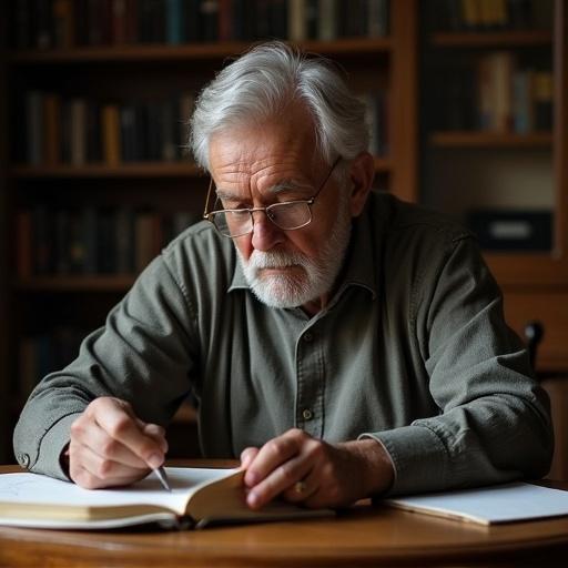 An elderly man focuses on an open book at a table. Bookshelves surround him in a cozy study. He holds a pencil in one hand and appears deep in thought. Natural light illuminates the scene softly.