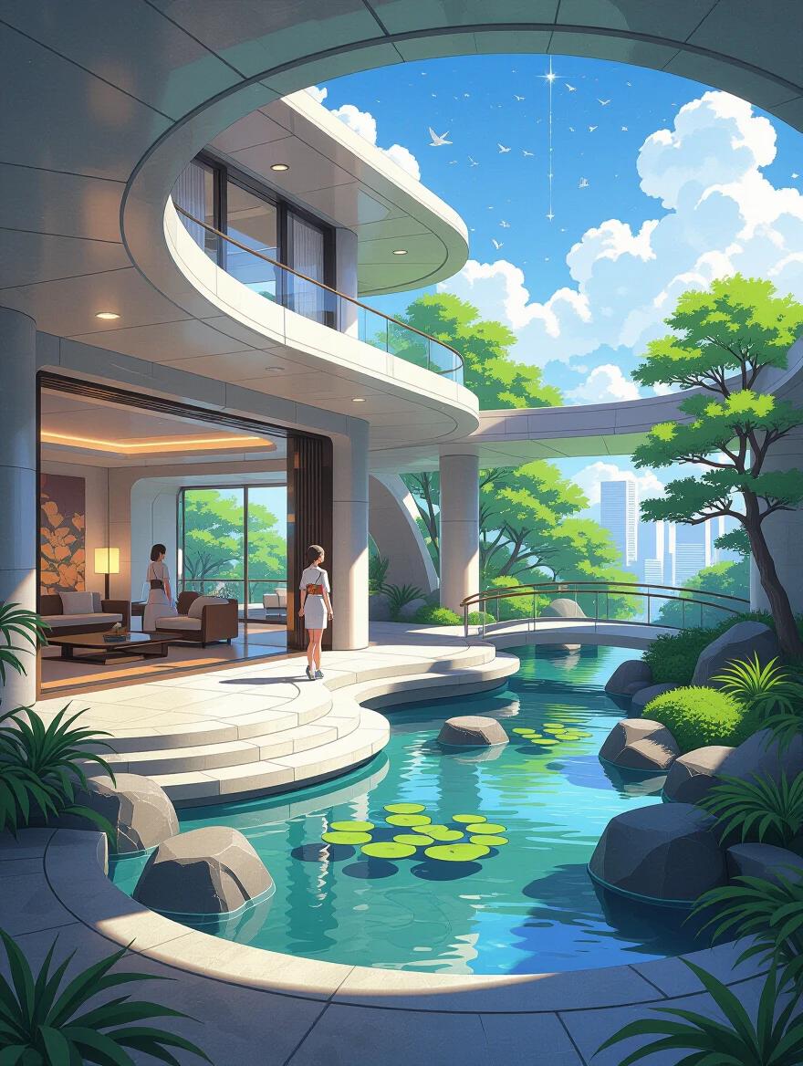 Oversized luxurious modern mansion with a galactic yakuza style. Inside view shows a Japanese garden. Bright summer morning
