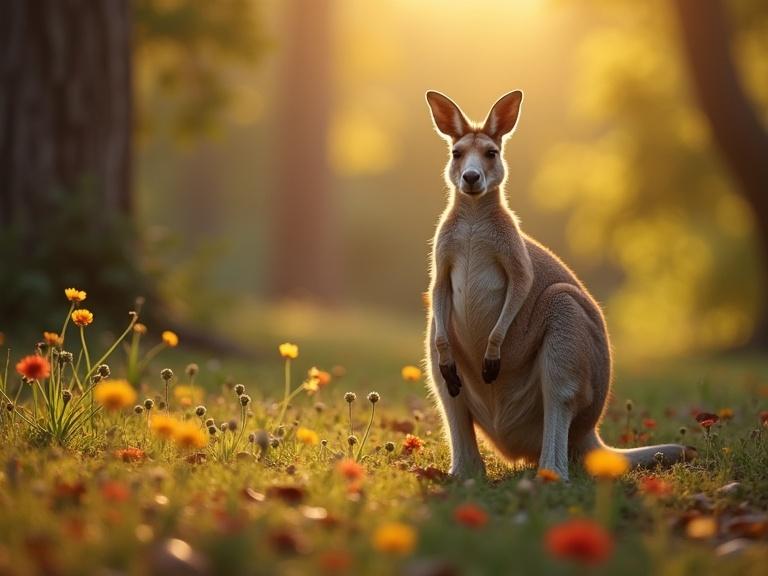 Kangaroo standing in a sunny daytime forest surrounded by vibrant flowers