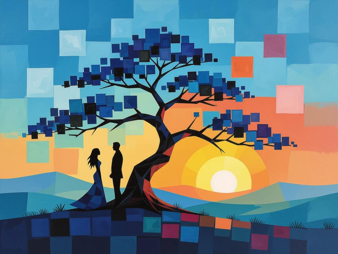 Nude erotic silhouettes are depicted as dark shapes against a vivid sunset. The image features a twisted bonsai tree created with squares of assorted sizes. The background shifts from blue to orange and pink to create a squared sunset. Abstract squares form tree leaves and flowers. Used sponge dab techniques combined with dry brush strokes.