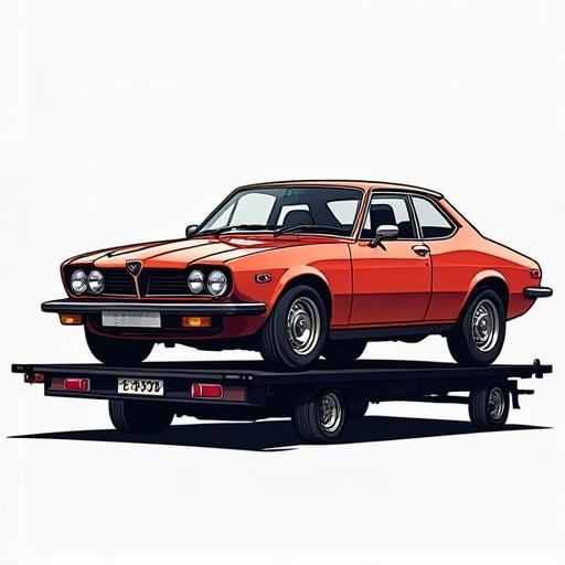 Commercial logo representing a tow truck carrying a car. The image features an orange car on a black flatbed. Focus on simplicity and clarity for branding purposes.