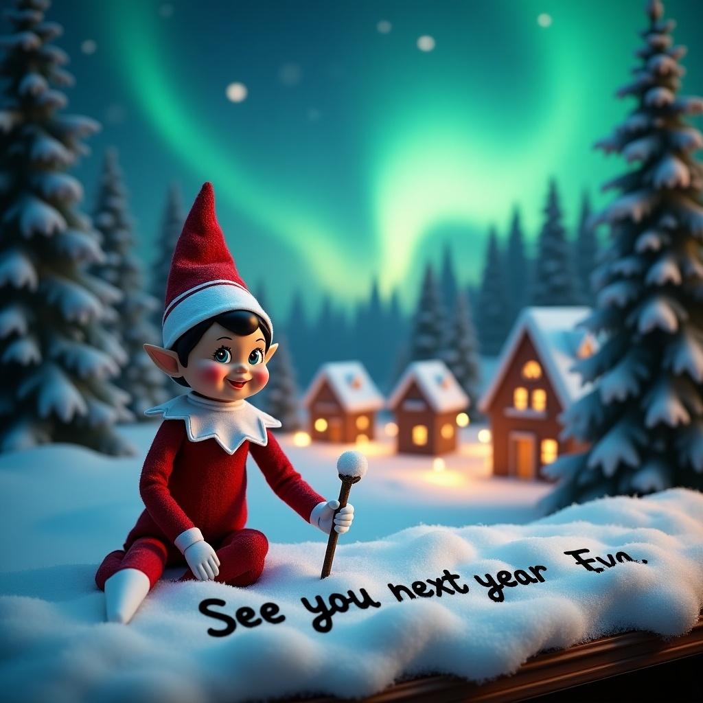 A snowy scene with an elf in a red outfit. The elf writes a message in the snow. Background features a cozy village and aurora borealis. Magical holiday atmosphere.