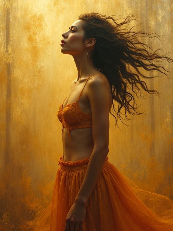 A striking portrait of a figure with flowing hair wearing see-through fabric. Orange attire against a golden backdrop. The mood reflects deep emotions. The scene has an ethereal glow and abstract patterns in the background.