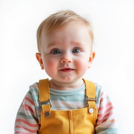 Cute baby in colorful classic clothes. Full body visible. Facing camera directly. Calm expression. No hands visible. Soft natural light. Bright background.