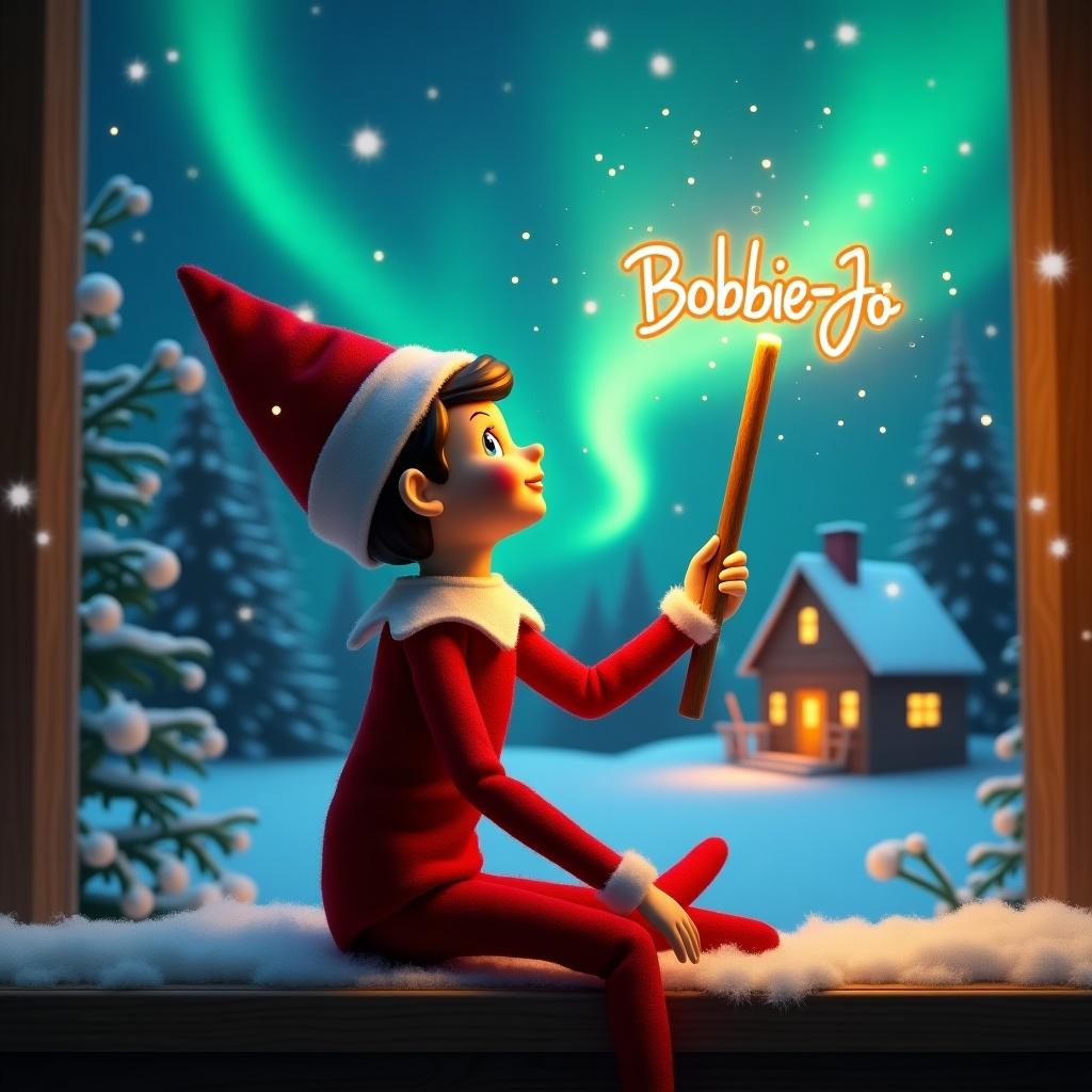 An elf sits to the side while gazing up with a glowing wand. The scene shows colorful northern lights and a cozy house in the distance. Snow covers the ground. The elf personifies Christmas magic while Bobbie-Jo's name appears from the wand's glow.