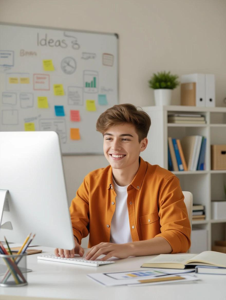 Young person working from home at a minimalist desk. Genuine smile. Sunlight fills the space. Whiteboard with ideas in the background. Background includes books and organized materials. Energetic and motivational setting.