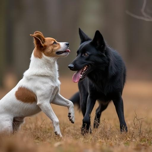 Image of a Jack Russell terrier and a black wolf interacting in a natural outdoor setting. Both animals display lively expressions. The background is blurred with trees.