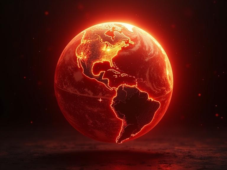 A stylized globe in flames. The earth appears with fiery colors. Dramatic red illumination casts shadows. Background is black with ash speckles. An artistic depiction without specific historical traits.