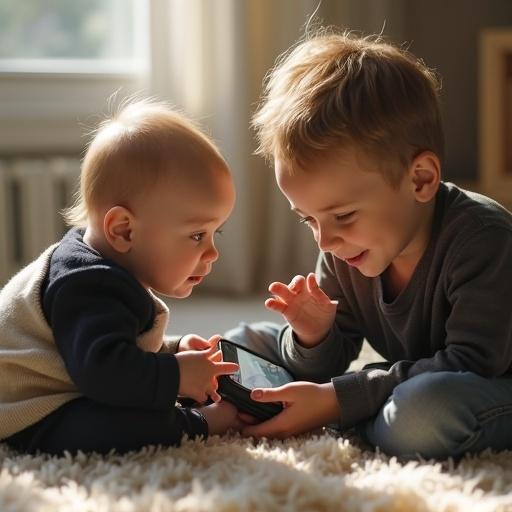 Two young boys play together with a portable video game in a cozy indoor setting. The lighting is soft and natural. The scene captures their excitement and playful interaction. This composition highlights the warmth and joy of childhood. The environment enhances a sense of comfort and togetherness.