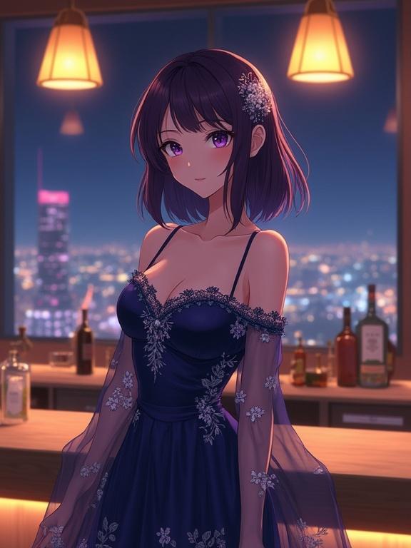 Anime woman with shoulder-length dark violet hair and dark violet eyes. She stands in a luxurious bar wearing a dark blue off-the-shoulder gown with sheer sleeves and floral patterns. A gentle smile on her face. Modern bar with a wooden countertop and bottles in the background. Night cityscape visible through a window. Soft lighting creates an inviting atmosphere. Focus on her elegance and beauty with a shallow depth of field.