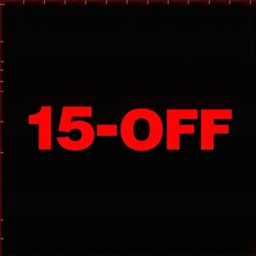Bold red text 15-OFF centered on a black background. Modern sans-serif font used. High contrast with a promotional coupon style. Rectangular shape with subtle rounded corners or dashed border included. Clean minimal design presented. No additional elements or logos visible. Realistic lighting applied for effect. Horizontal layout mimics a coupon or voucher appearance.