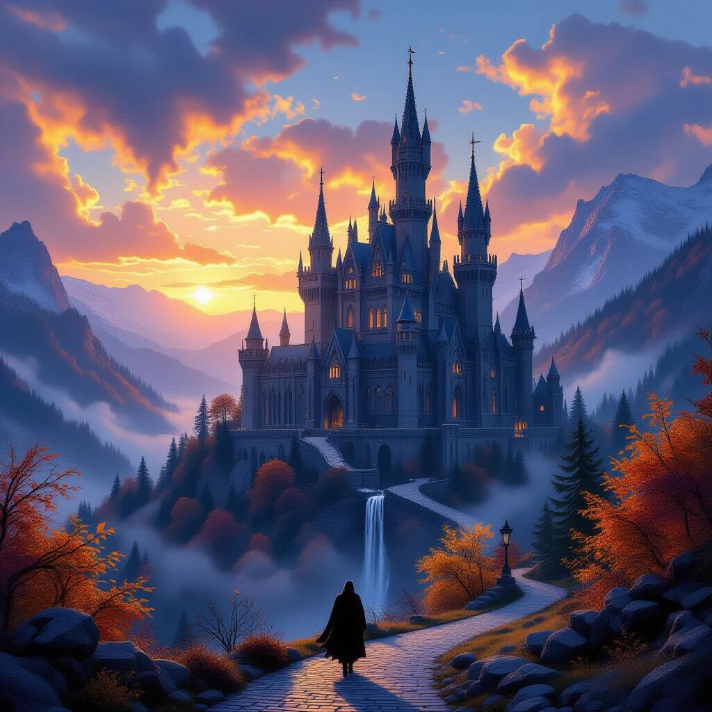 Majestic gothic cathedral castle with tall spires and towers on a hillside. Surrounded by enchanted autumn forest with vibrant foliage. A lone traveler in dark cloak walks along cobblestone path. Dramatic sunset sky with golden and orange clouds. Misty valleys and distant mountains add depth. Small waterfall cascades over rocks. Epic fantasy landscape.