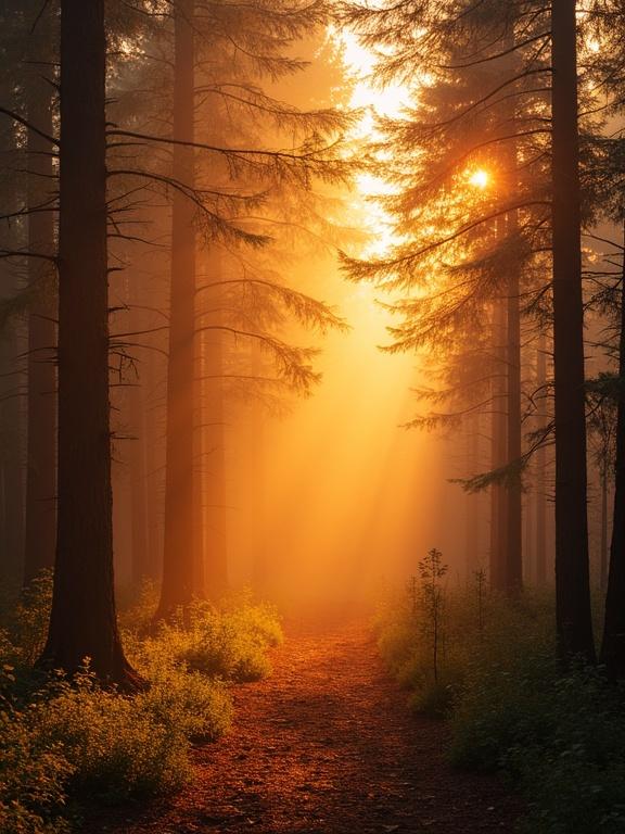 Bright forest morning scene with orange hues at sunrise. Sunlight beams penetrate through tall trees. Soft mist adds depth and warmth to the atmosphere.