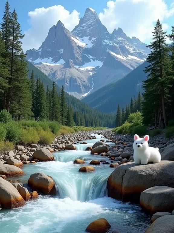 A breathtaking mountain stream landscape with a playful plush white animal. Crystal-clear water flows swiftly over rounded rocks. Dense coniferous forest surrounds the stream, leading to a majestic snow-dusted mountain range in the background. Bright blue sky completes the vivid scenery.