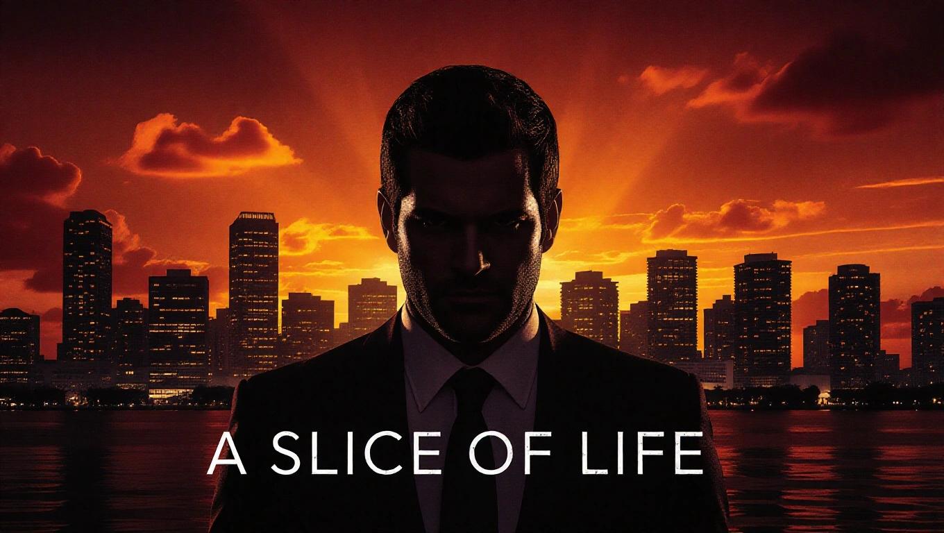 Dark Miami sunset with cityscape. Silhouette of a man reminiscent of Dexter. Prominent text reads A Slice Of Life.