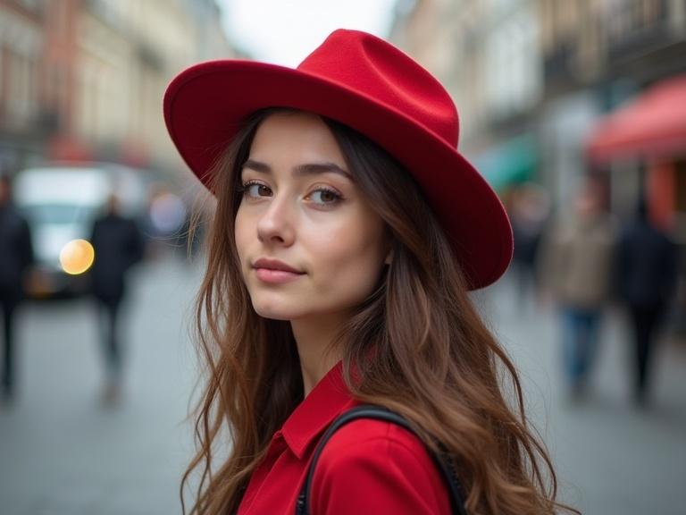 A young woman is depicted wearing a chic red hat. She stands on a bustling city street, exuding a confident and fashionable aura.